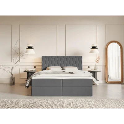 Fedve Boxspringbett WEMIO in Blaugrau, Liegefläche 140x200 cm – mit Bettkasten, Bonellfederkern